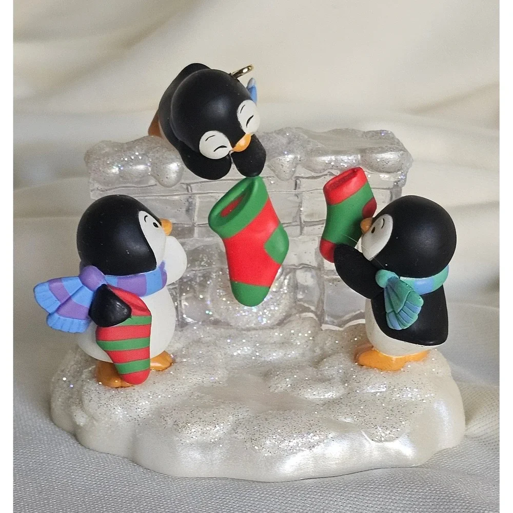 2010 Hallmark Keepsake Penguin Chimney Christmas Ornament Glitter Base Festive